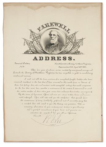 (CIVIL WAR--CONFEDERATE.) Lee, Robert E. Farewell Address, General Orders No. 9.